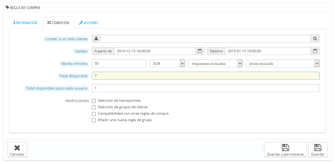 Apartado condiciones al crear un vale descuento en Prestashop 1.7