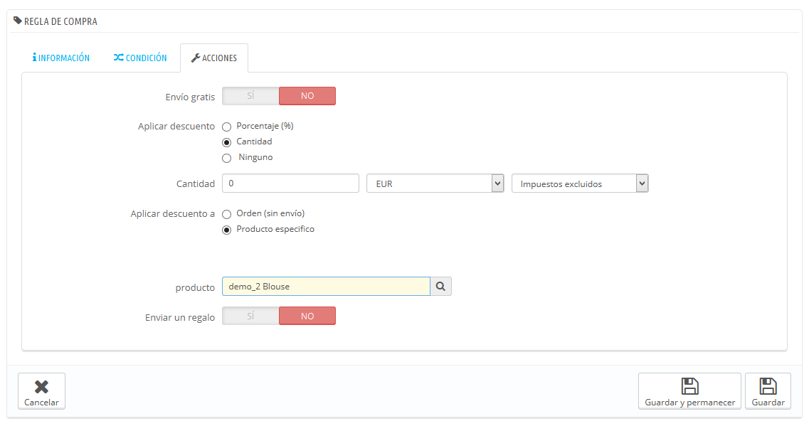 Apartado acciones al crear un vale descuento en Prestashop 1.7