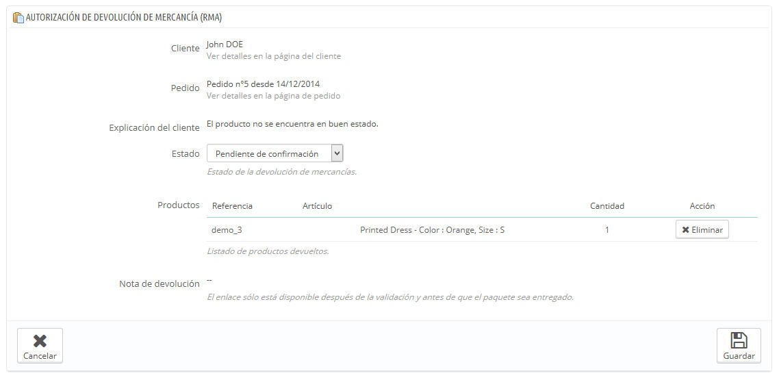 Autorización de devolución de mercancía Prestashop