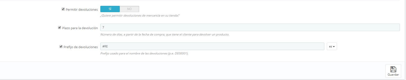 Menú de devoluciones de Prestashop