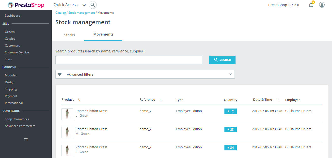 Pestaña movimiento de stock en Prestashop 1.7.2