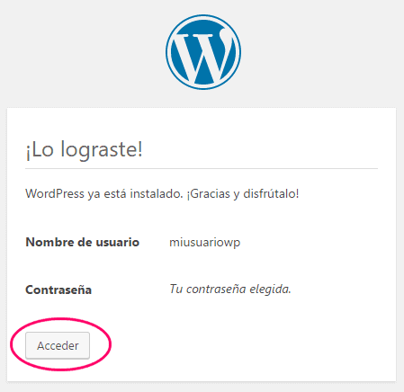 WordPress instalado con éxito