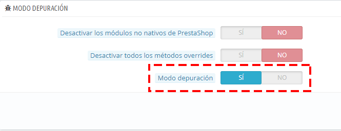 Activar el modo depuración desde el backoffice de Prestashop