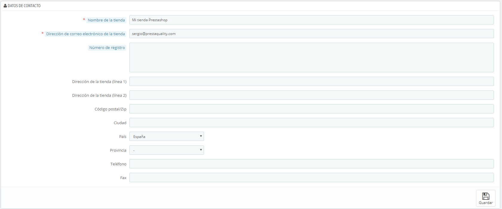 Formulario de datos de contacto de la tienda Prestashop