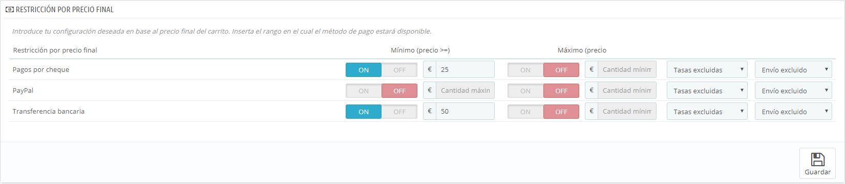 Filtrado por precio en el módulo Advanced Payment Filters de PrestaShop